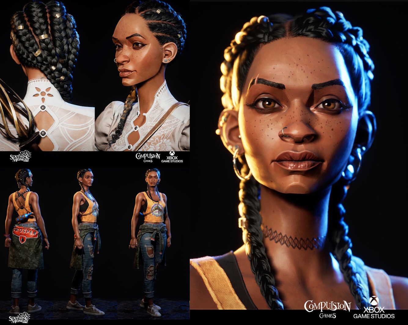 Concept art for South of Midnight (2025) showing multiple renderings of Hazel.
