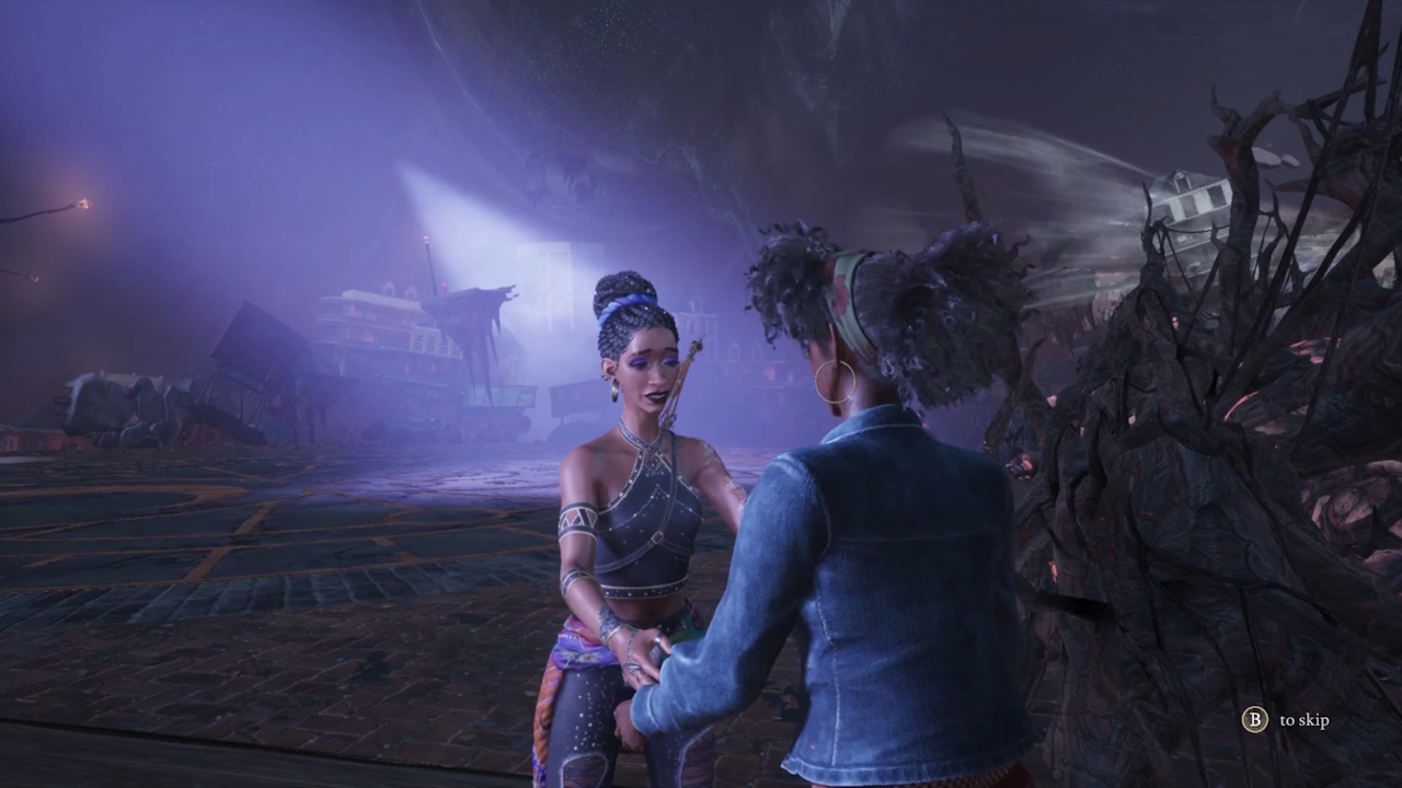 Screenshot from South of Midnight (2025) showing Hazel reuniting with Lacey in the nightmare town.