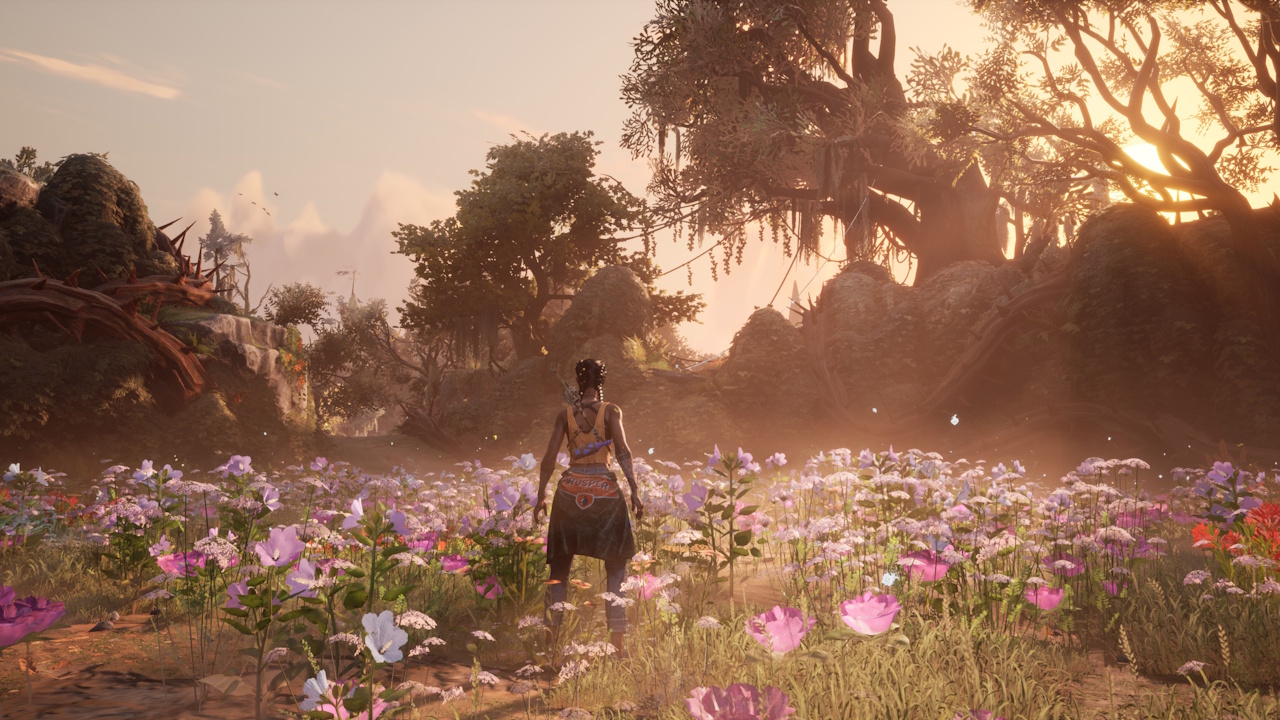Promotional screenshot for South of Midnight (2025) showing Hazel in a field of flowers.