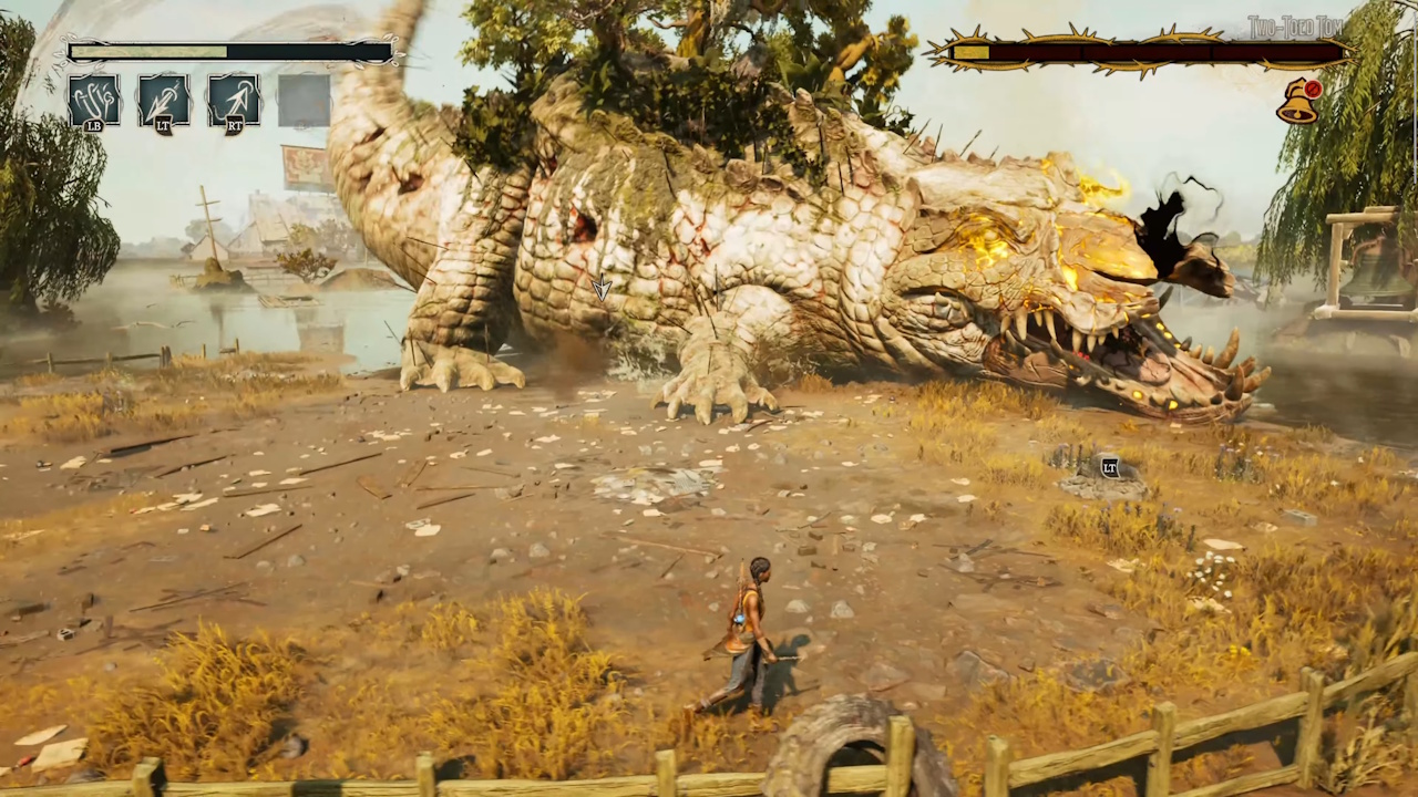 Screenshot from South of Midnight (2025) showing the boss fight against Two-Toed Tom.