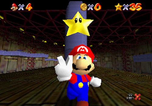 Screenshot of Super Mario 64 (1996) showing Mario getting a power star in Dire Dire Docks.