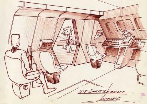 Concept art created for Star Trek: The Original Series showing the interior of the shuttle Galileo.