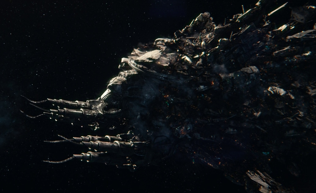 Still frame from Star Trek: Strange New Worlds 3x06: The Sehlat Who Ate Its Tail showing the scavengers' ship.