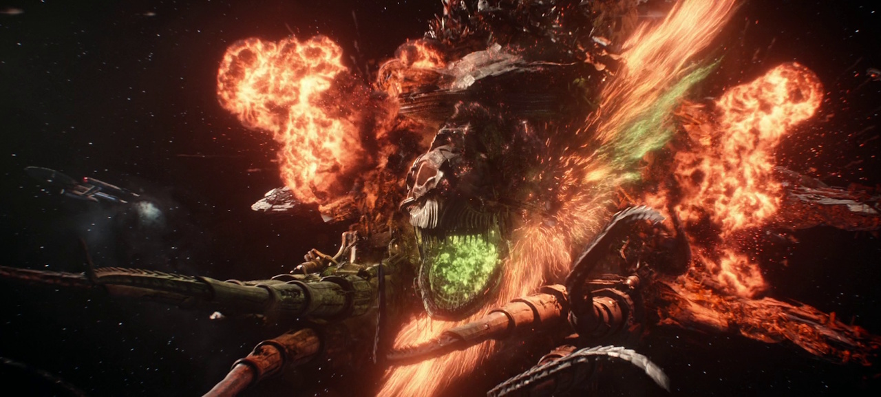 Still frame from Star Trek: Strange New Worlds 3x06: The Sehlat Who Ate Its Tail showing the destruction of the scavengers' spaceship.