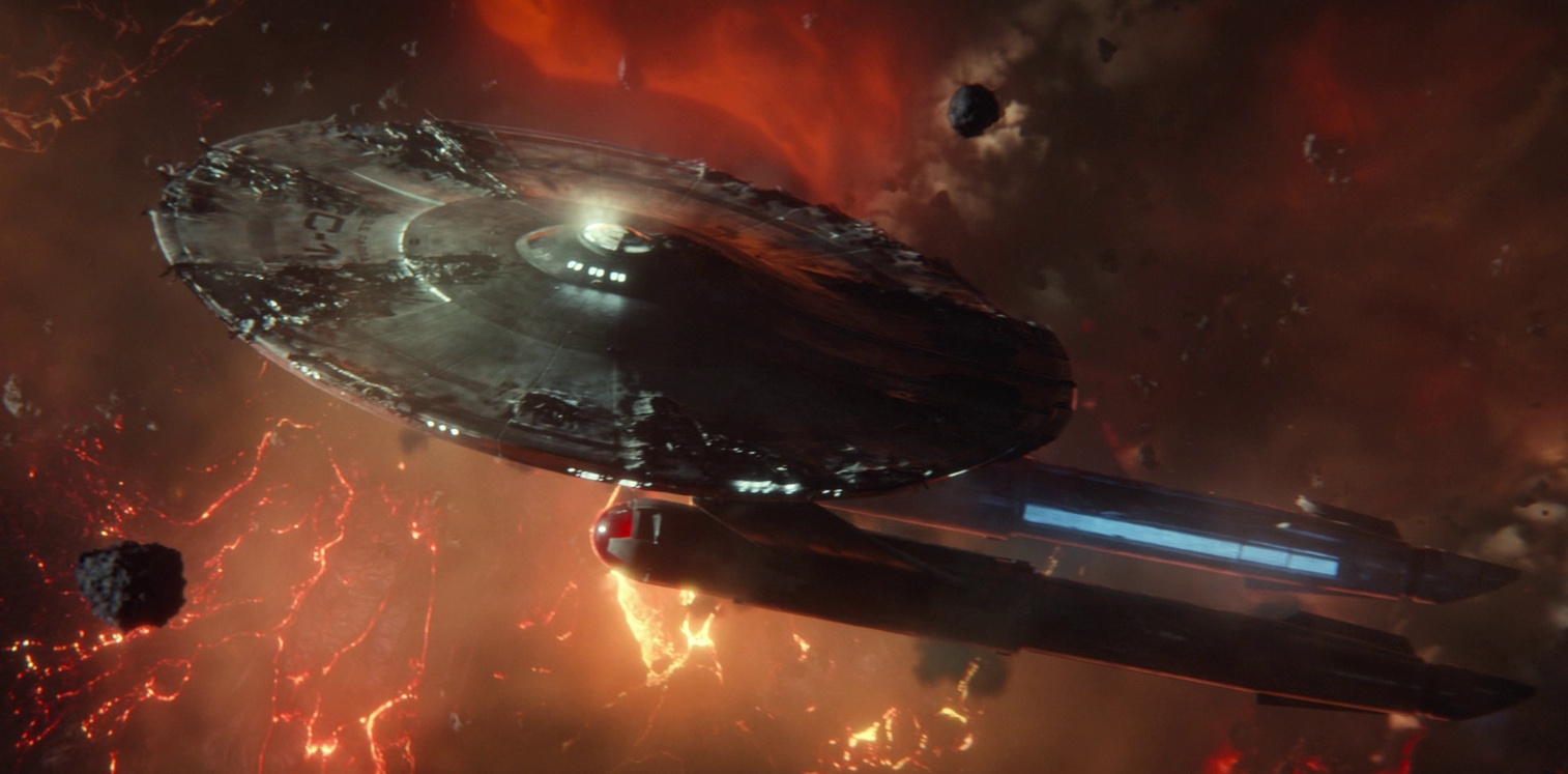 Still frame from Star Trek: Strange New Worlds showing the badly-damaged USS Farragut.