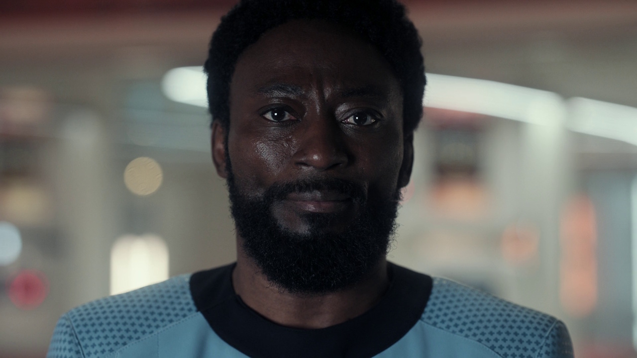 Still frame from Star Trek: Strange New Worlds S03E07 "What Is Starfleet?" showing Dr M'Benga.