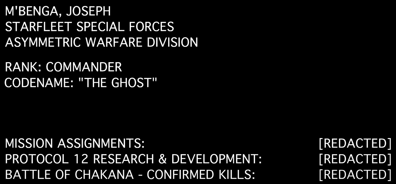 Still frame from Star Trek: Strange New Worlds S03E07 "What Is Starfleet?" showing Dr M'Benga's war record.