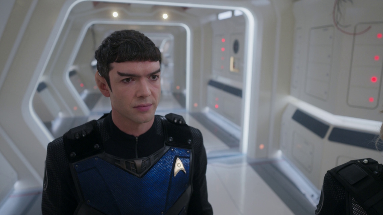 Still frame from Star Trek: Strange New Worlds S03E07 "What Is Starfleet?" showing Spock in away team armour.