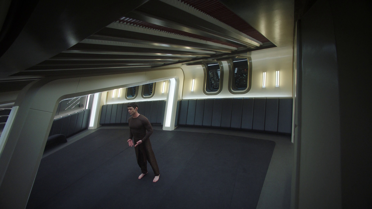 Still frame from Star Trek: Strange New Worlds S03E07 "What Is Starfleet?" showing Spock's training.