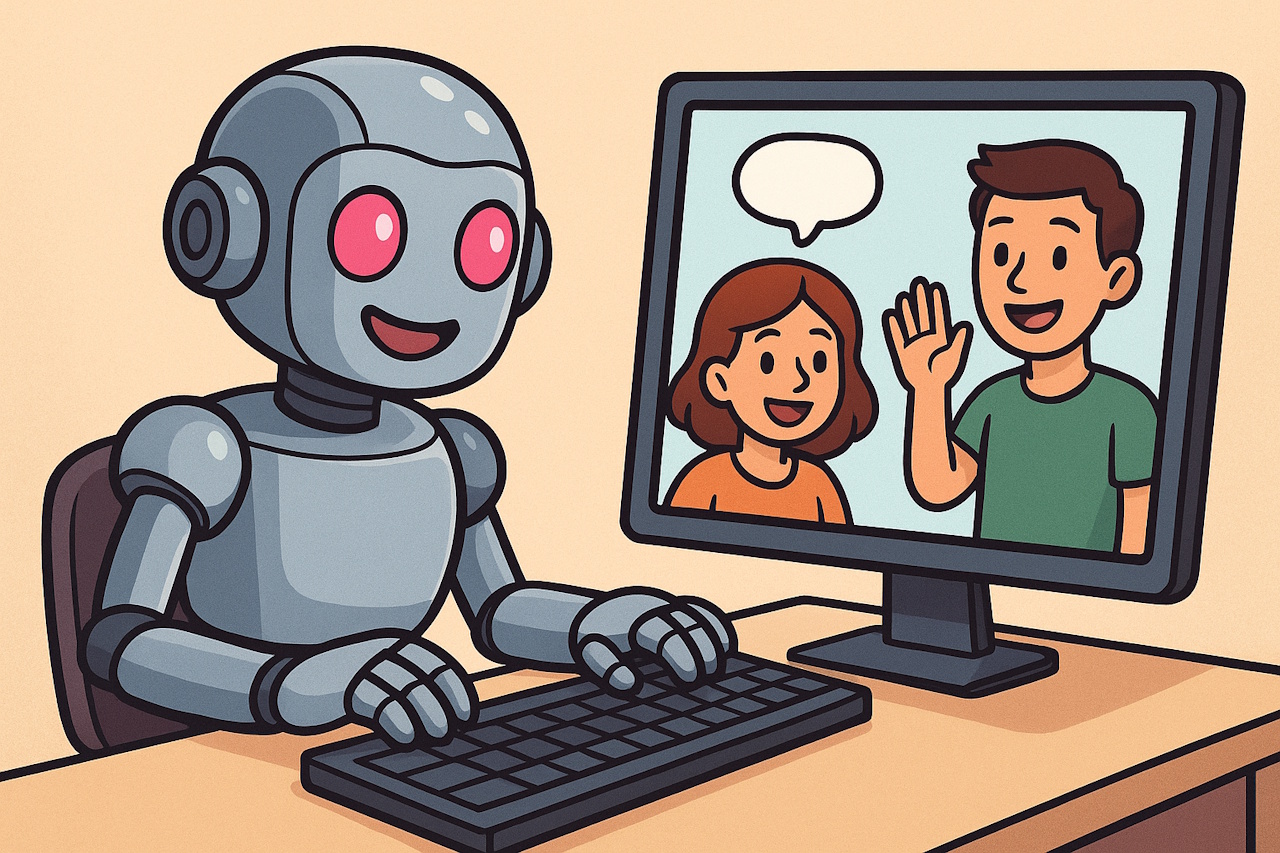 A.I.-generated image of a robot chatting to two humans on the computer.