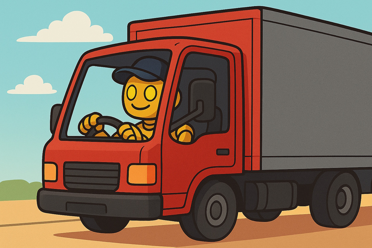 A.I.-generated image of a yellow robot driving a lorry.