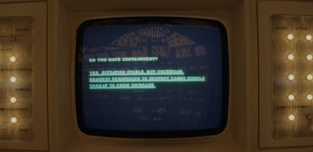 Still frame from Alien: Earth (2025) showing the Mother A.I. interface.