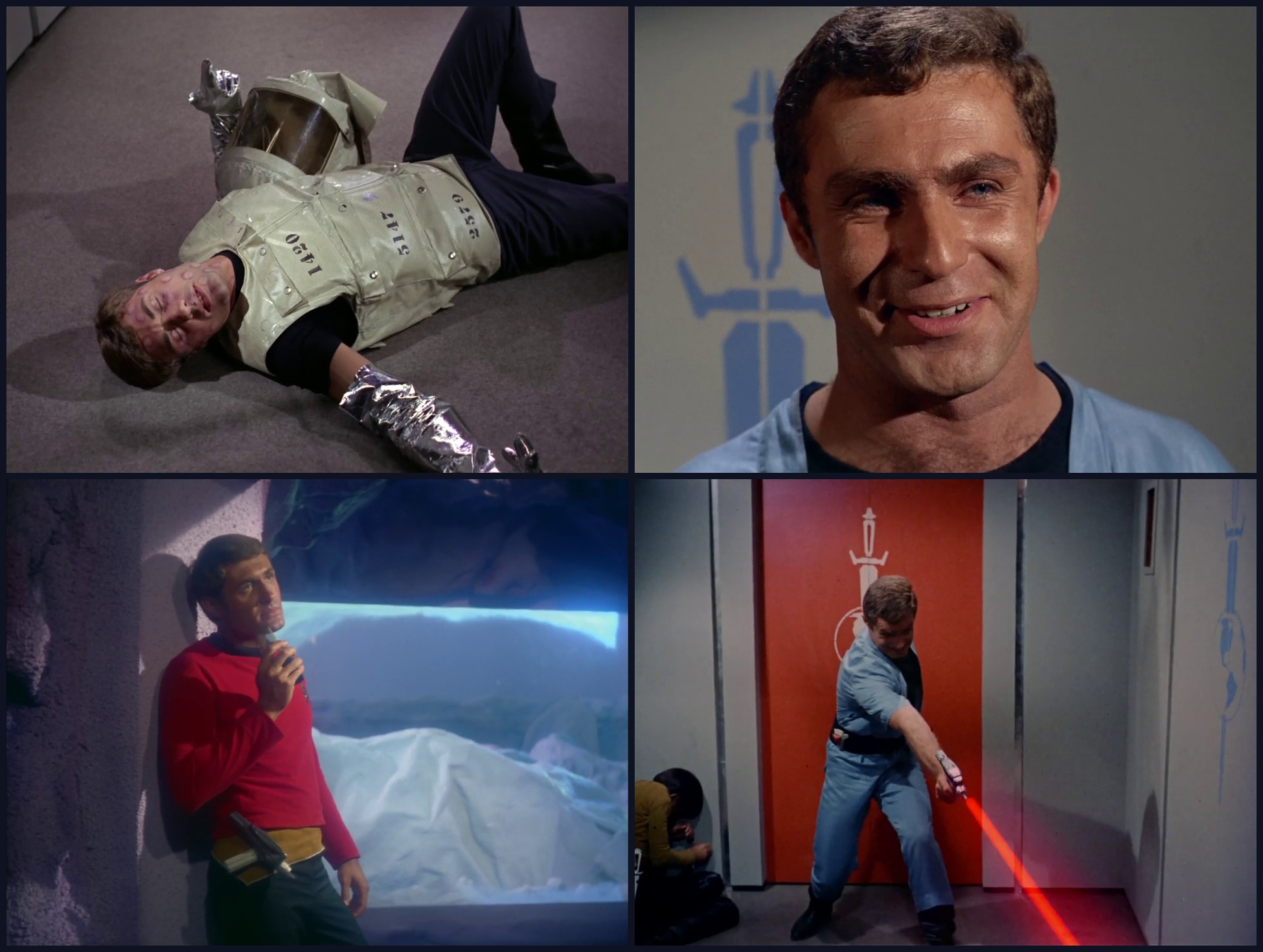 Four still frames from Star Trek: The Original Series showing Budd Albright and Garth Pillsbury's characters.