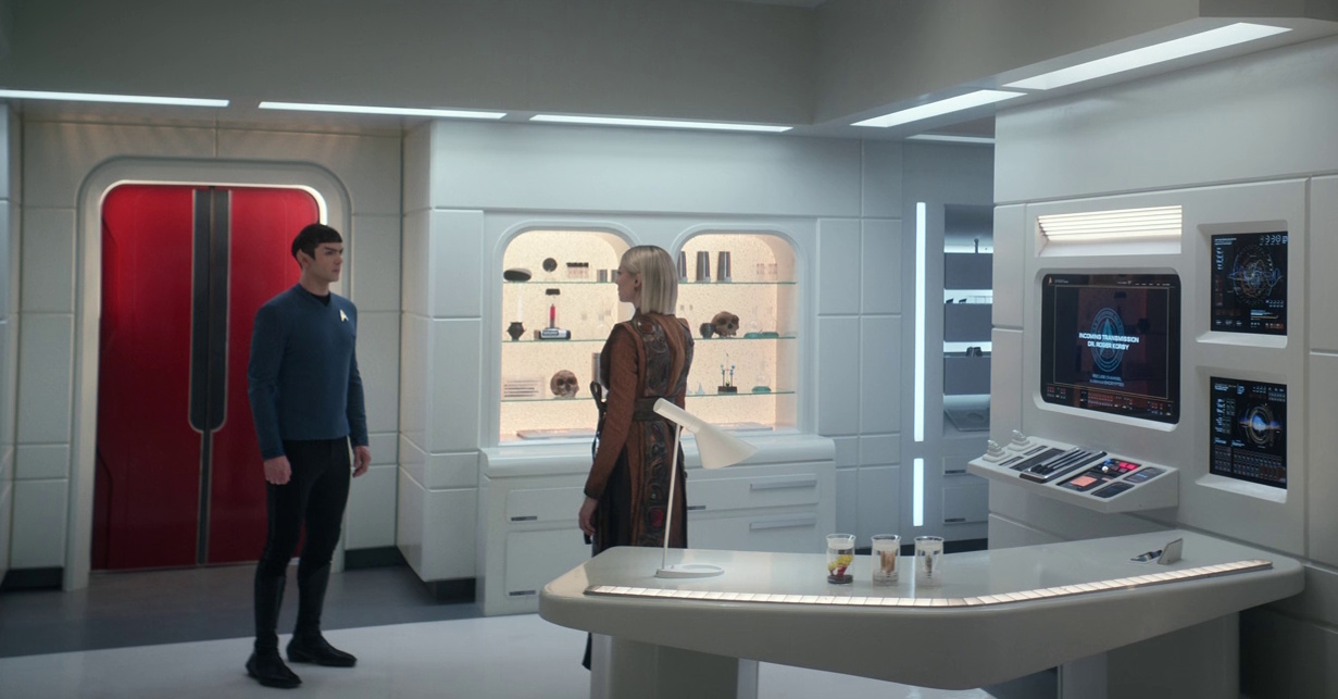Still frame from Star Trek: Strange New Worlds, 3x08, Four-and-a-Half Vulcans showing Spock and Chapel in sickbay.