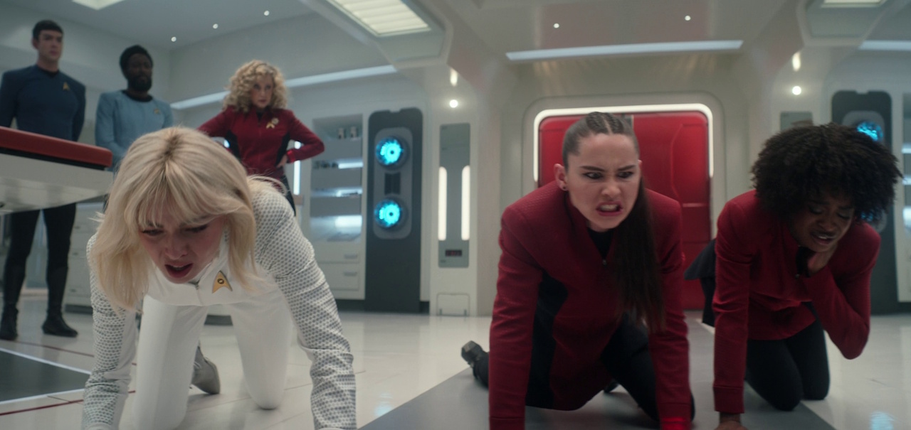 Still frame from Star Trek: Strange New Worlds, 3x08, Four-and-a-Half Vulcans showing three characters partway through their Vulcan transition.