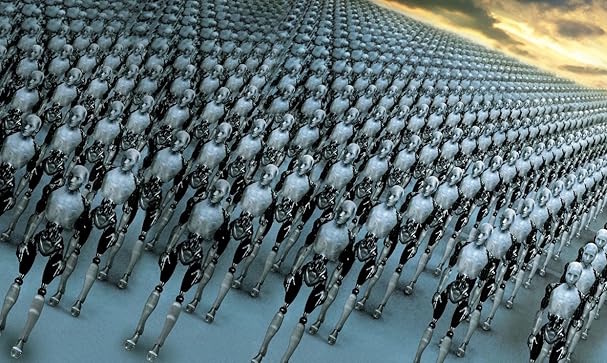 Cropped poster/banner of I, Robot showing a legion of humanoid robots.