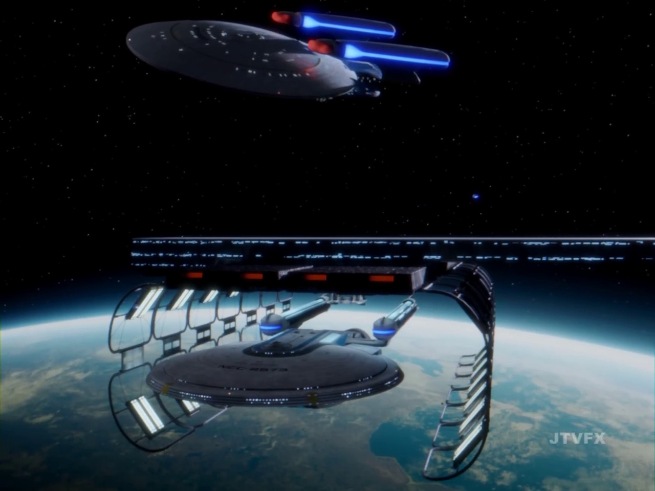 Still frame from JTVFX's Wolf 359 fan film showing two Starfleet vessels preparing to leave Earth.
