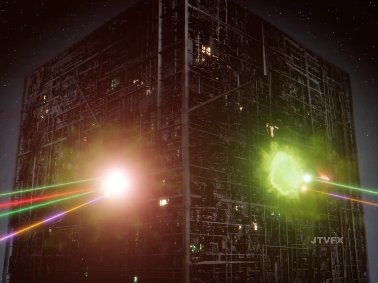 Still frame from JTVFX's Wolf 359 fan film showing the Borg Cube under attack.