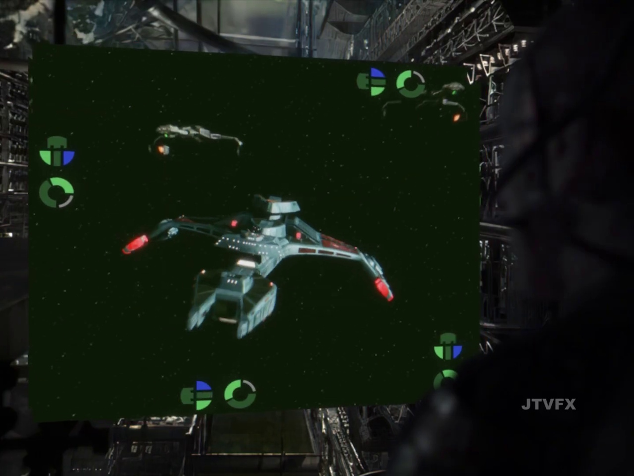 Still frame from JTVFX's Wolf 359 fan film showing Locutus and the Klingon ships.