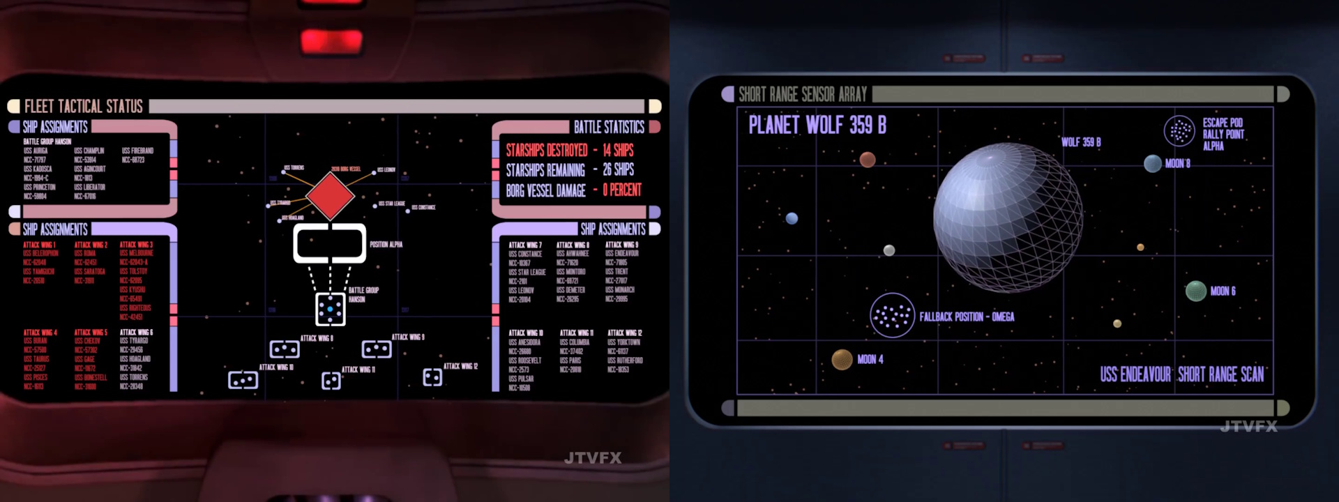 Still frames from JTVFX's Wolf 359 fan film showing a pair of tactical displays.