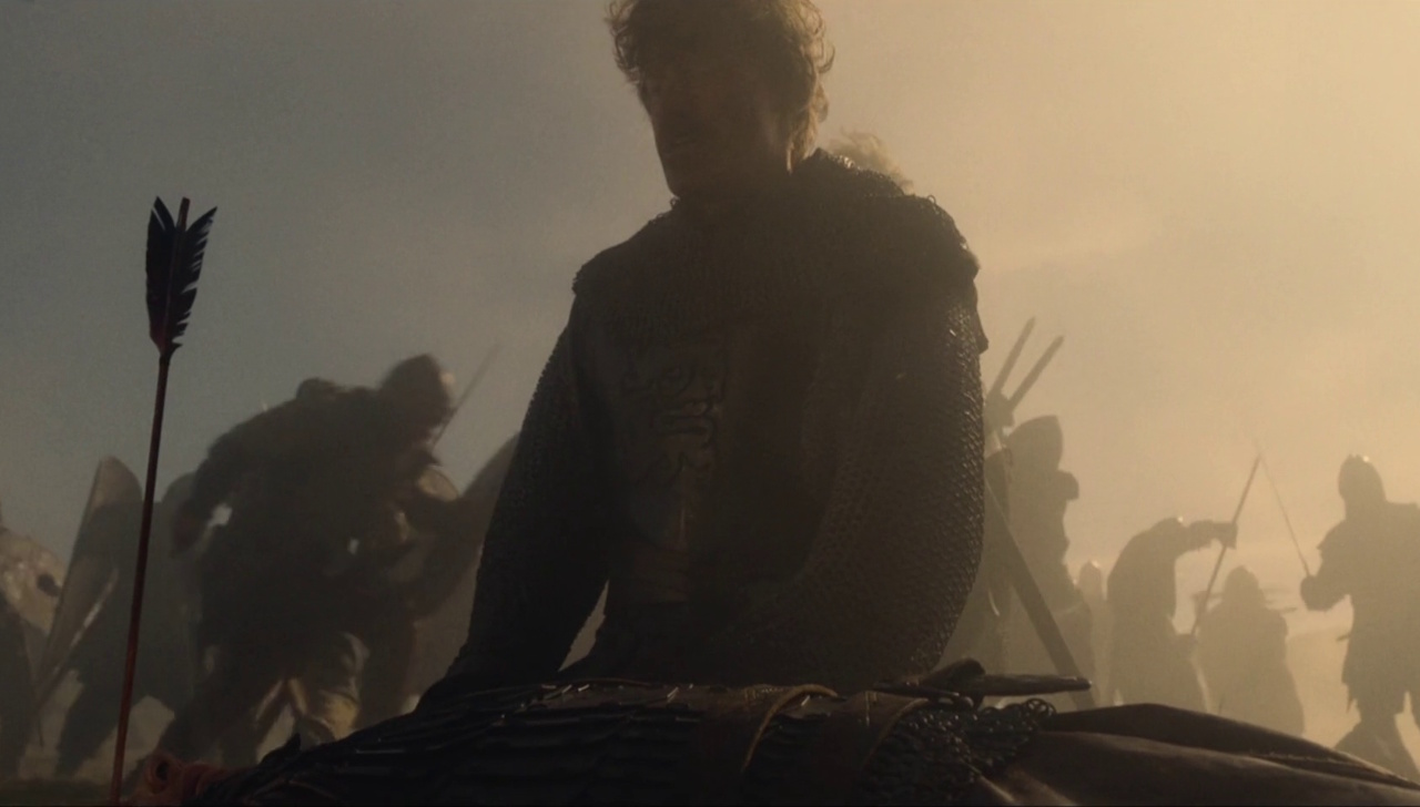 Still frame from King & Conqueror (2025) showing William with Harold's corpse.