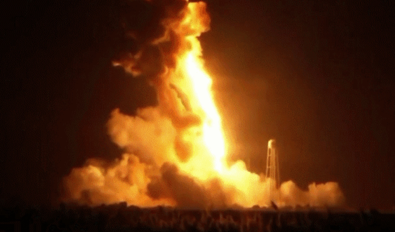 Still frame of a Nasa rocket exploding near the launchpad.