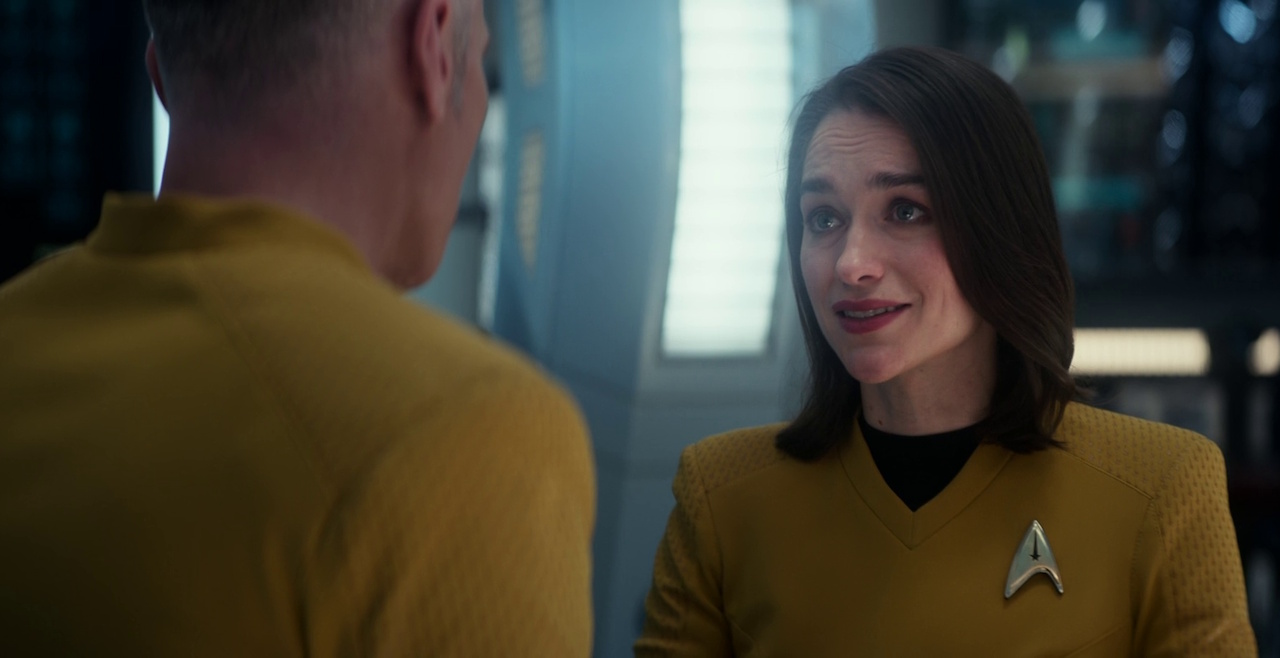 Still frame from Star Trek: Strange New Worlds 3x10 (New Life and New Civilizations) showing Captain Pike and Captain Batel.