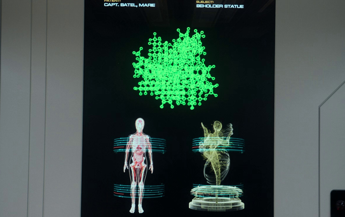 Still frame from Star Trek: Strange New Worlds 3x10 (New Life and New Civilizations) showing the sickbay monitor and a scan of Captain Batel.