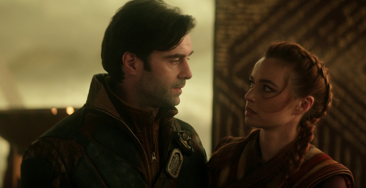 Still frame from Star Trek: Strange New Worlds 3x10 (New Life and New Civilizations) showing Dr Korby and Nurse Chapel.