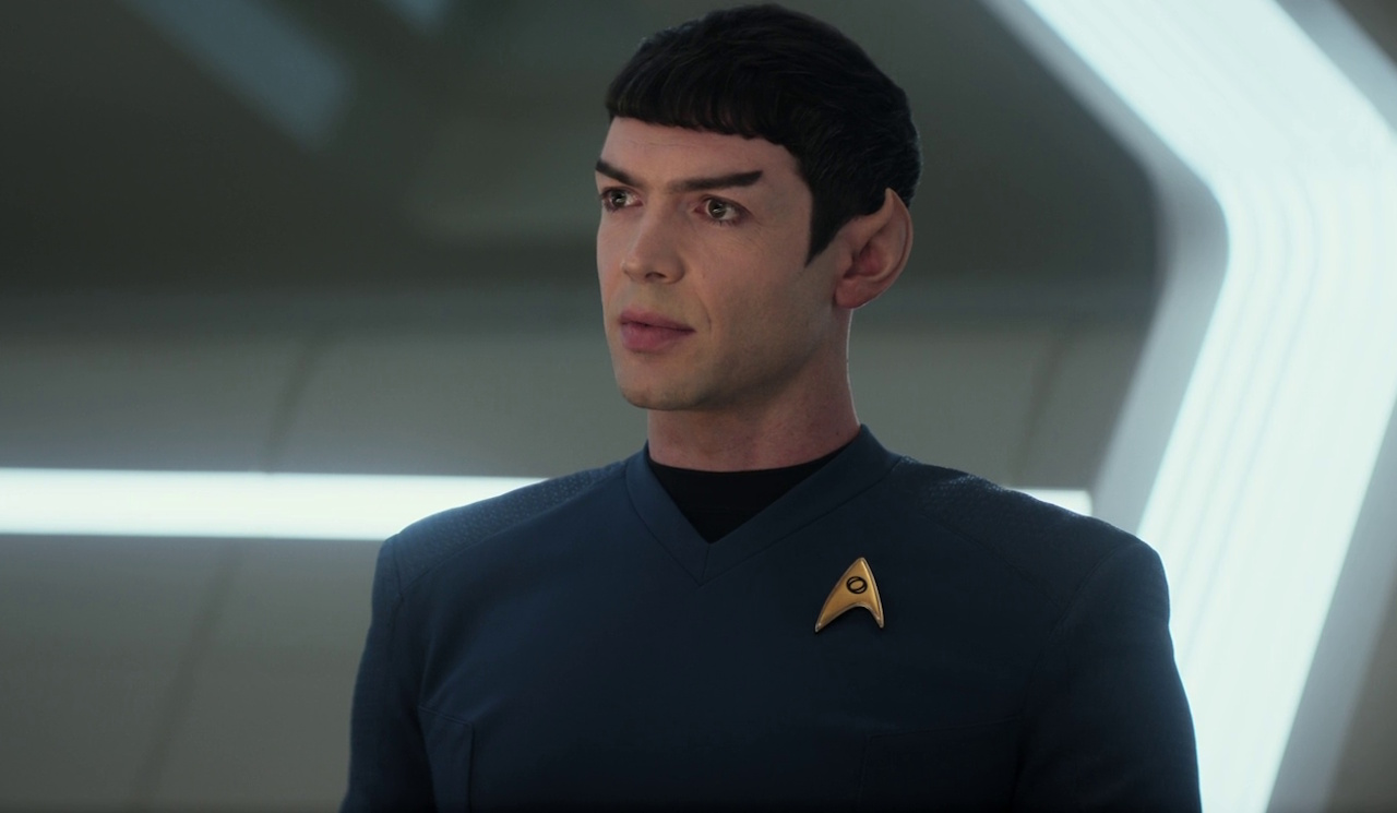 Still frame from Star Trek: Strange New Worlds 3x10 (New Life and New Civilizations) showing a close-up of Spock.
