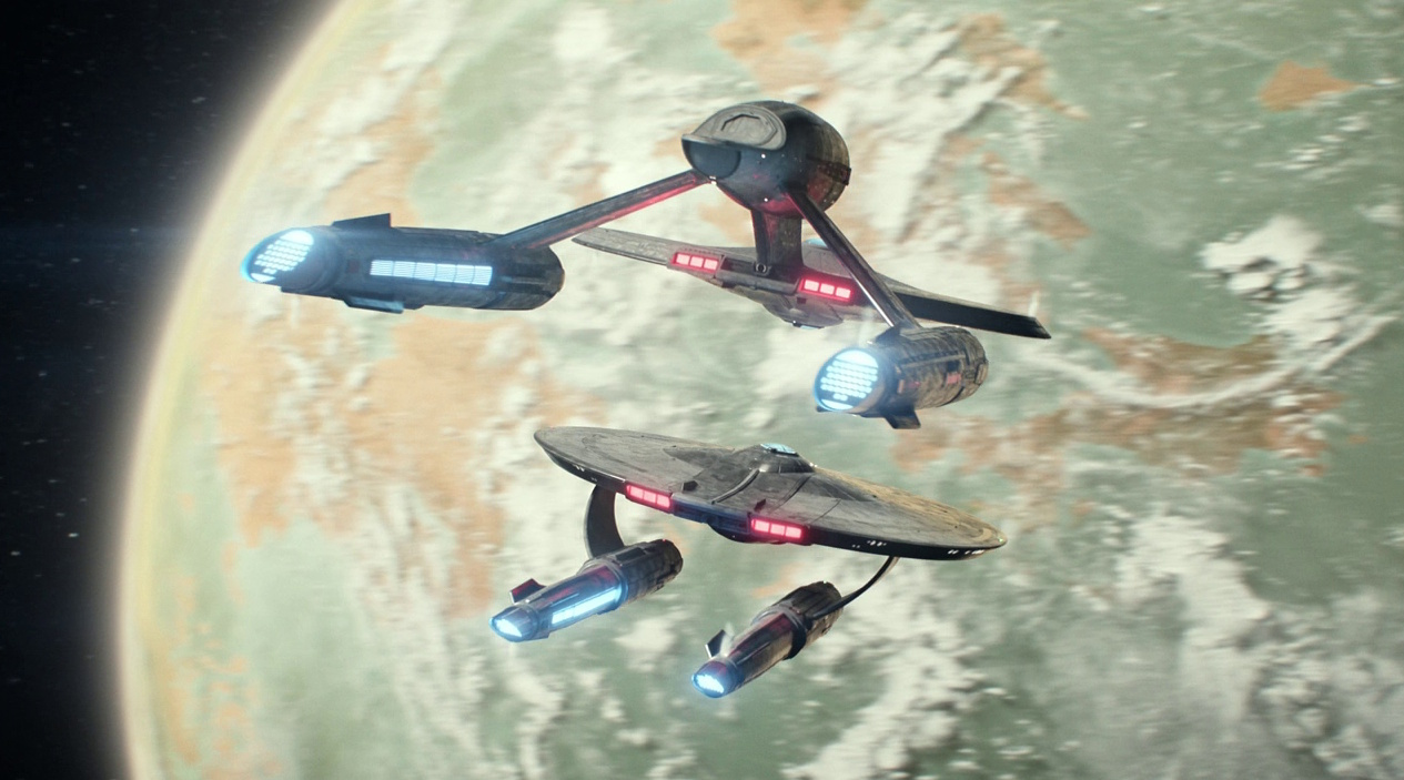 Still frame from Star Trek: Strange New Worlds 3x10 (New Life and New Civilizations) showing the Enterprise and the Farragut.