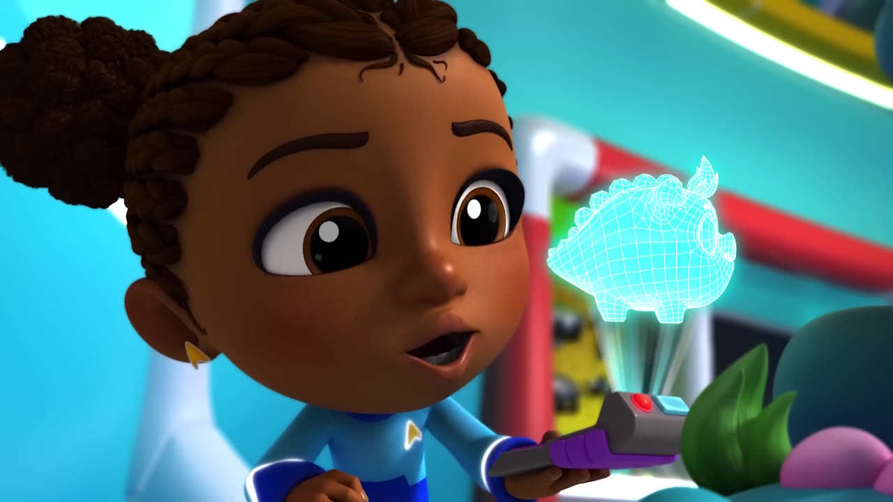 Still frame from Star Trek: Scouts showing Roo and a tricorder.