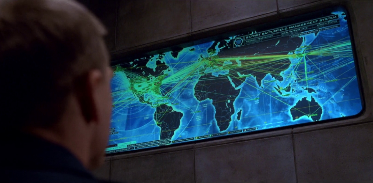 Still frame from Terminator 3 showing Skynet coming online.