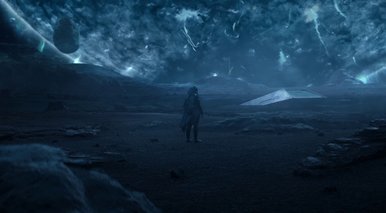 Still frame from Star Trek: Strange New Worlds 3x09: Terrarium, showing the crash site and Ortegas.