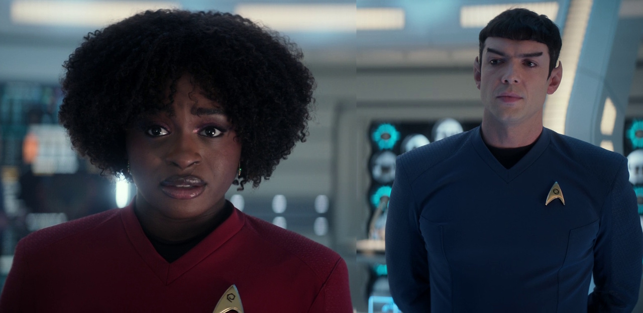 Combo of two still frames from Star Trek: Strange New Worlds 3x09: Terrarium, showing Spock and Uhura in the science lab.