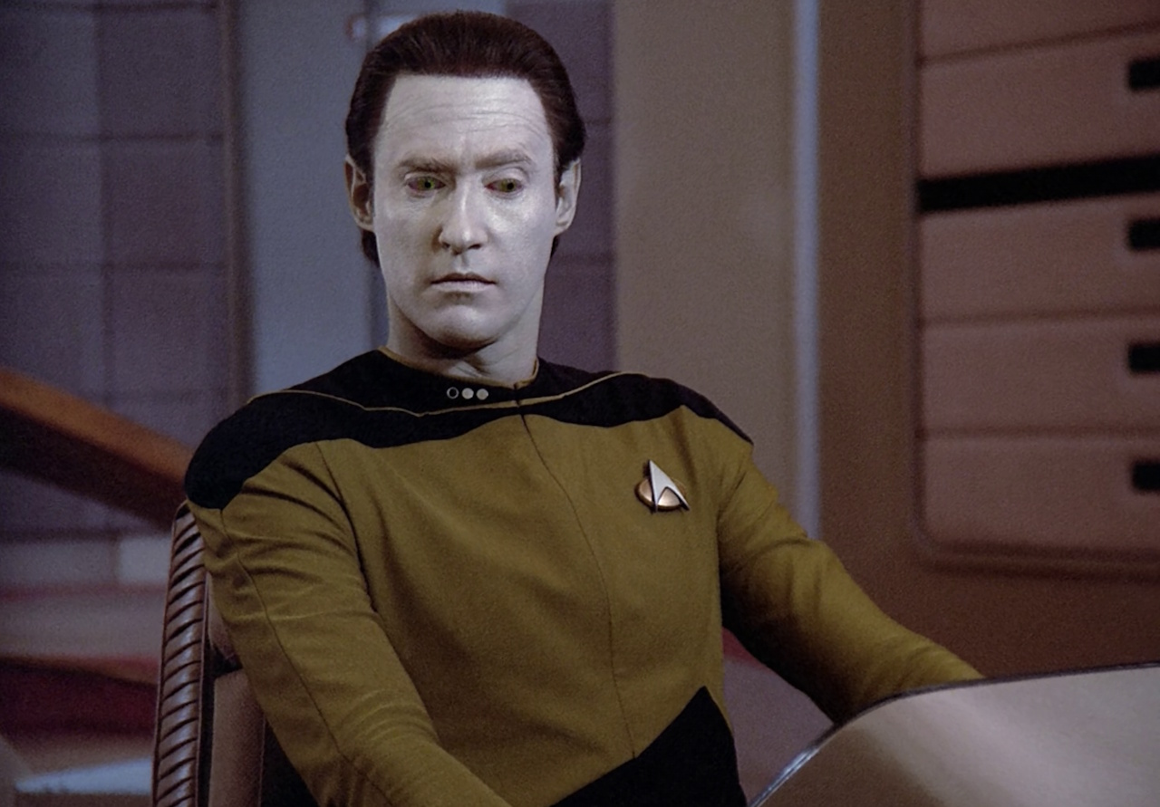 Still frame from Star Trek TNG Season 2 showing Data.