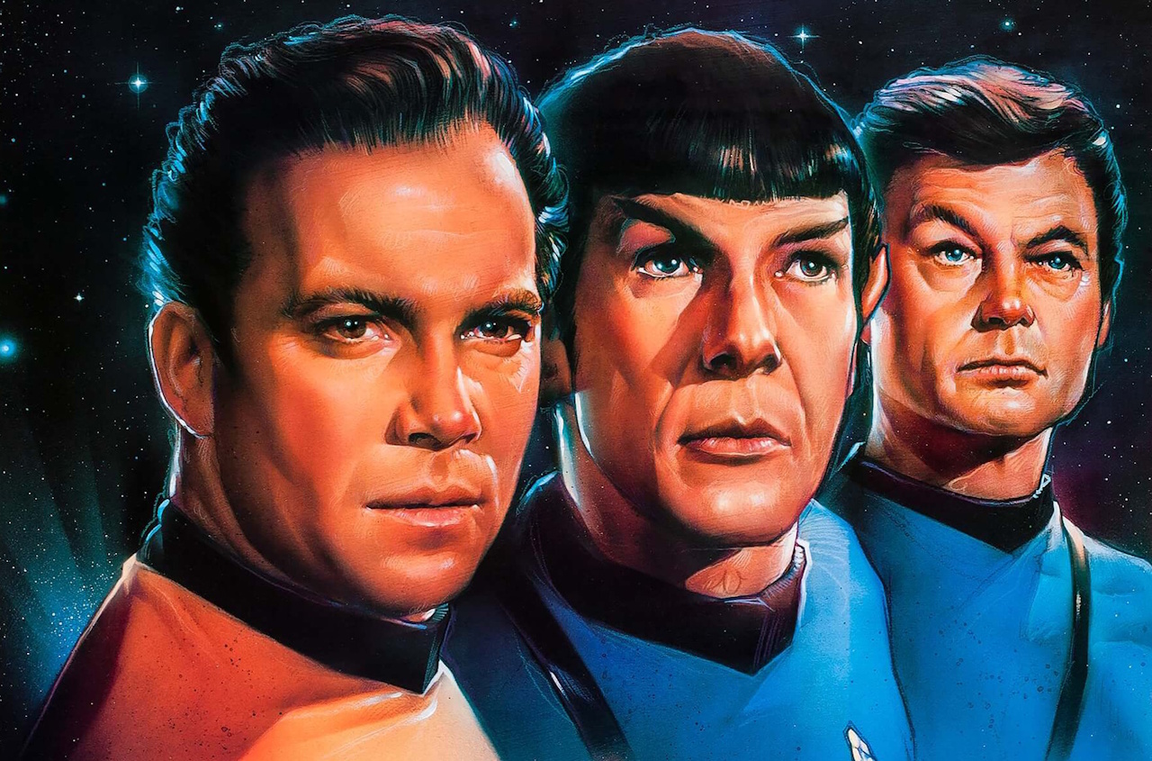 Kirk, Spock, and Dr McCoy from Star Trek on a promo poster for the series' Betamax release c. 1986 (cropped).