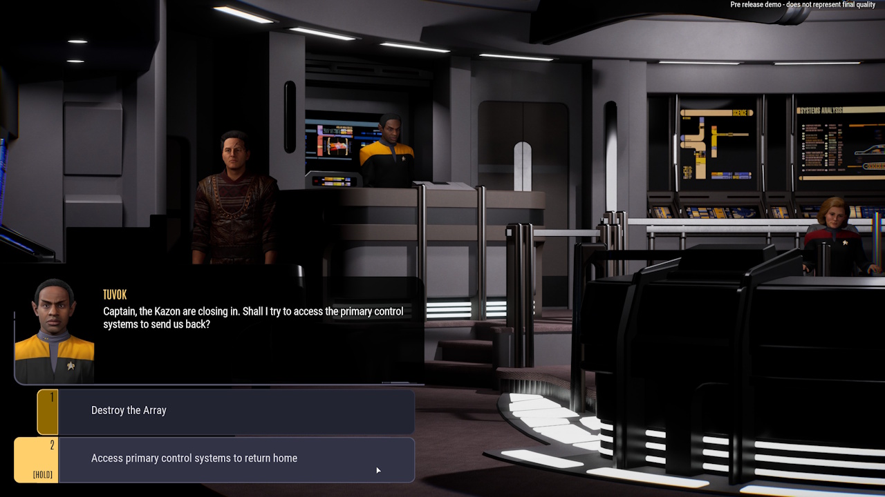 Screenshot of Star Trek: Voyager - Across The Unknown (demo version) showing the choice at the end of the demo (destroy or use the Array).