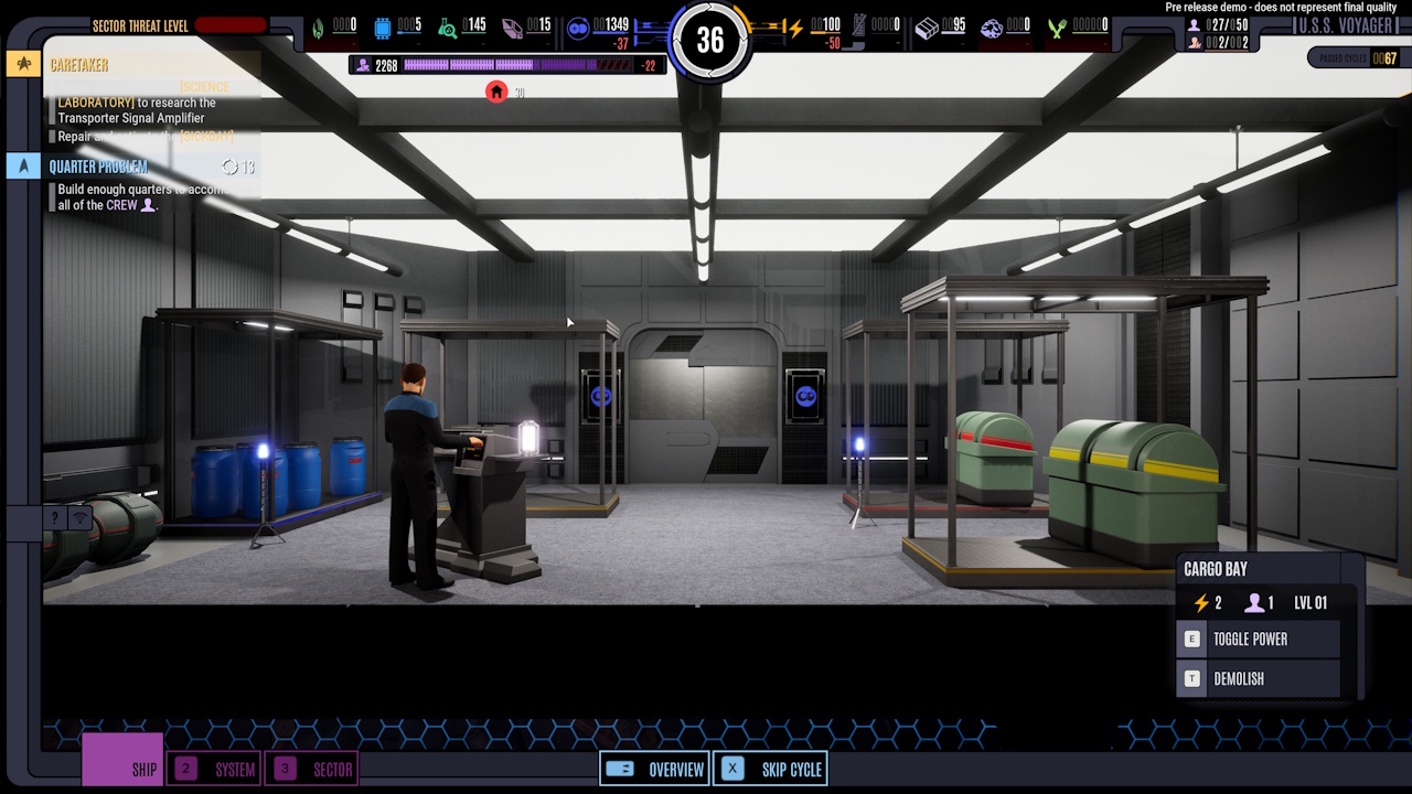 Screenshot of Star Trek: Voyager - Across The Unknown (demo version) showing a cargo bay.