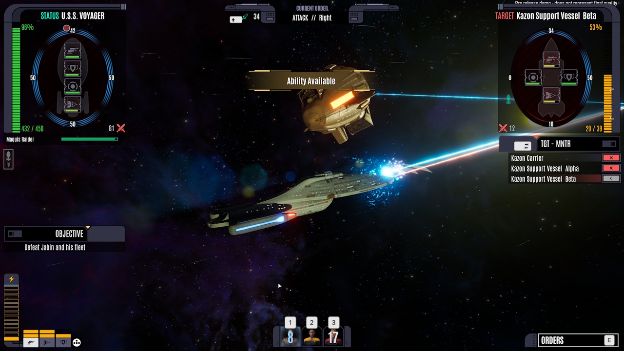 Screenshot of Star Trek: Voyager - Across The Unknown (demo version) showing a combat encounter.