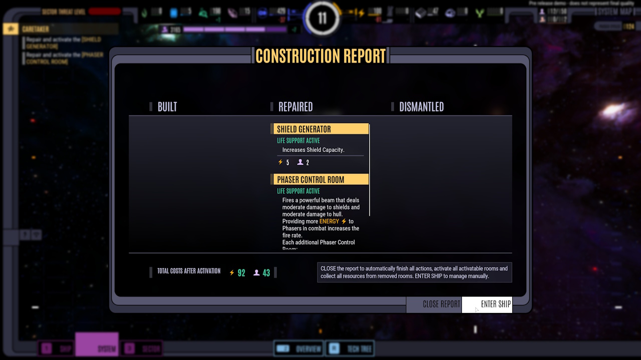 Screenshot of Star Trek: Voyager - Across The Unknown (demo version) showing a construction report.