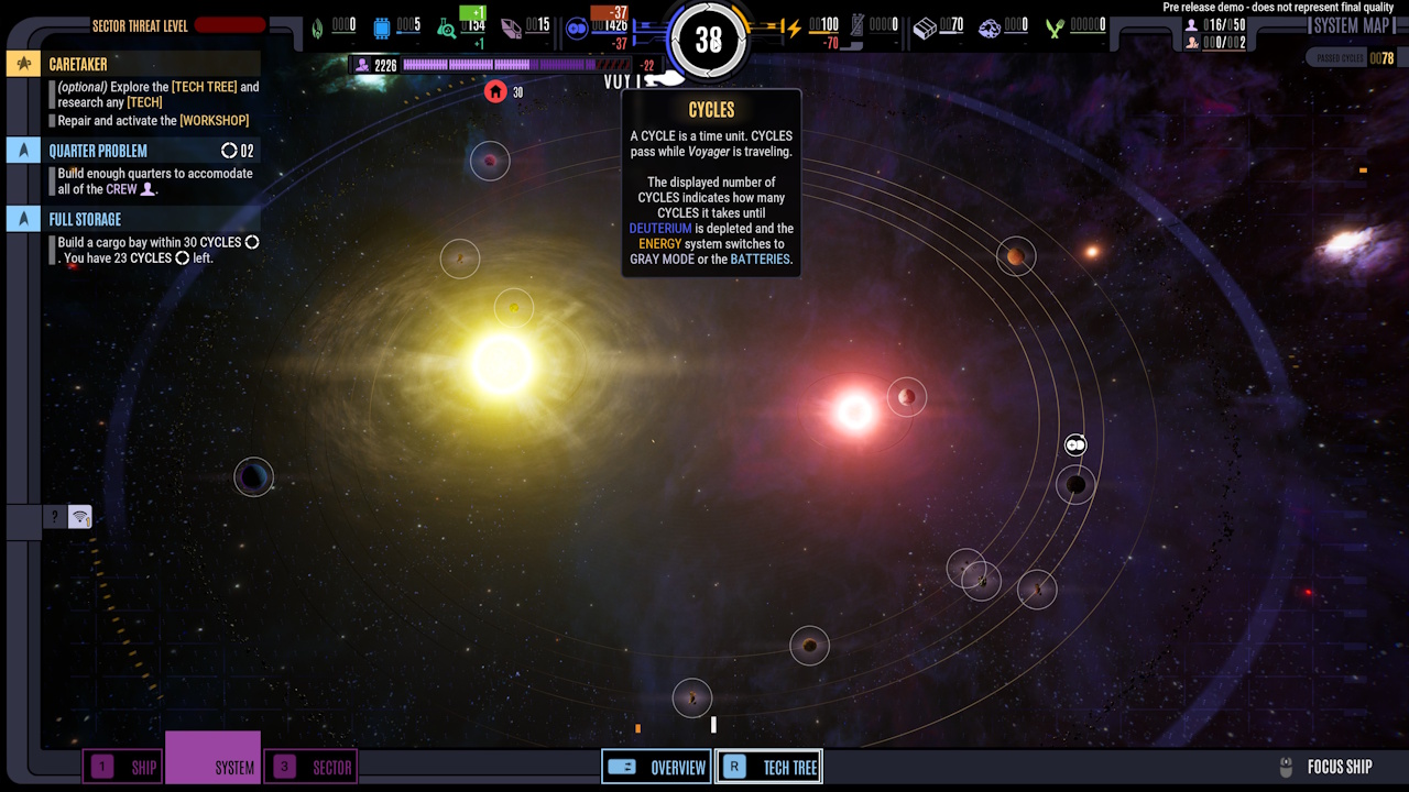 Screenshot of Star Trek: Voyager - Across The Unknown (demo version) showing the system view (and a tool-tip about cycles).