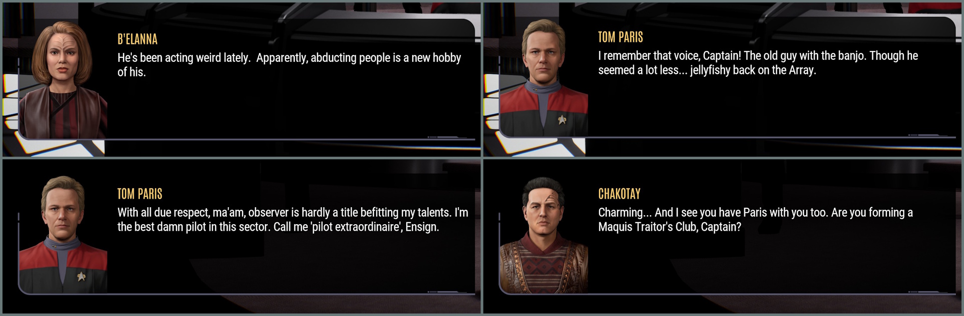 Screenshot of Star Trek: Voyager - Across The Unknown (demo version) showing four dialogue boxes.