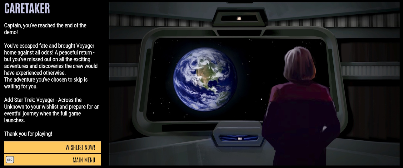 Screenshot of Star Trek: Voyager - Across The Unknown (demo version) showing the end of the demo.