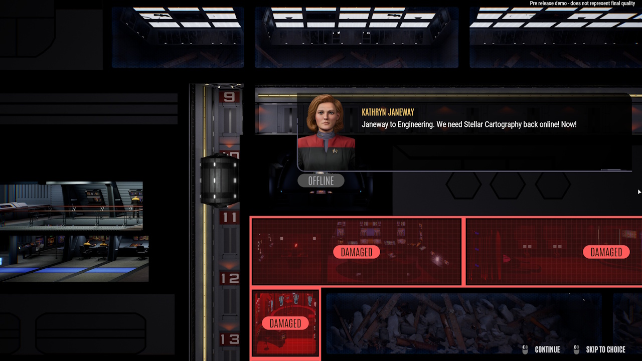Screenshot of Star Trek: Voyager - Across The Unknown (demo version) showing Janeway ordering Stellar Cartography be repaired.
