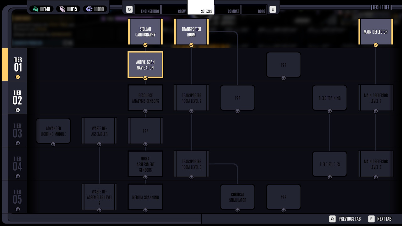 Screenshot of Star Trek: Voyager - Across The Unknown (demo version) showing the tech tree.