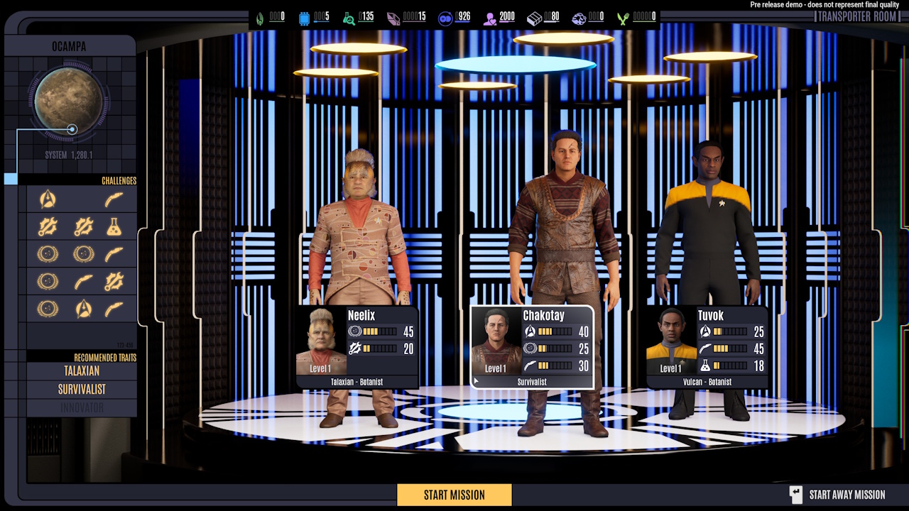 Screenshot of Star Trek: Voyager - Across The Unknown (demo version) showing an away team on the transporter pad.