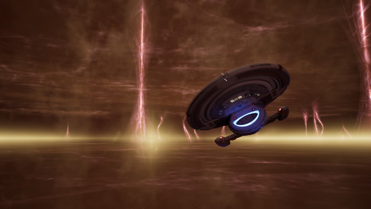 Screenshot of Star Trek: Voyager - Across The Unknown (demo version) showing the USS Voyager in the Badlands.