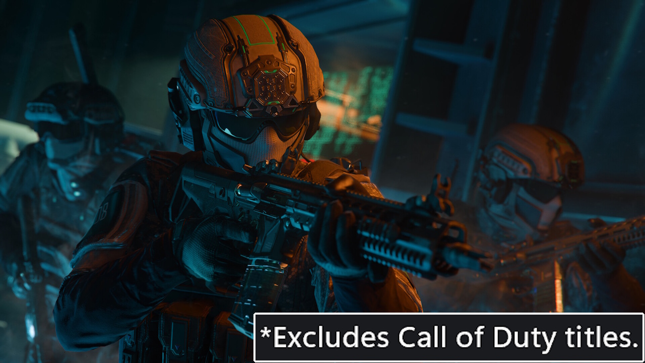 Promo image for Call of Duty: Black Ops 7, with the text "*Excludes Call of Duty titles." taken from the Xbox app.