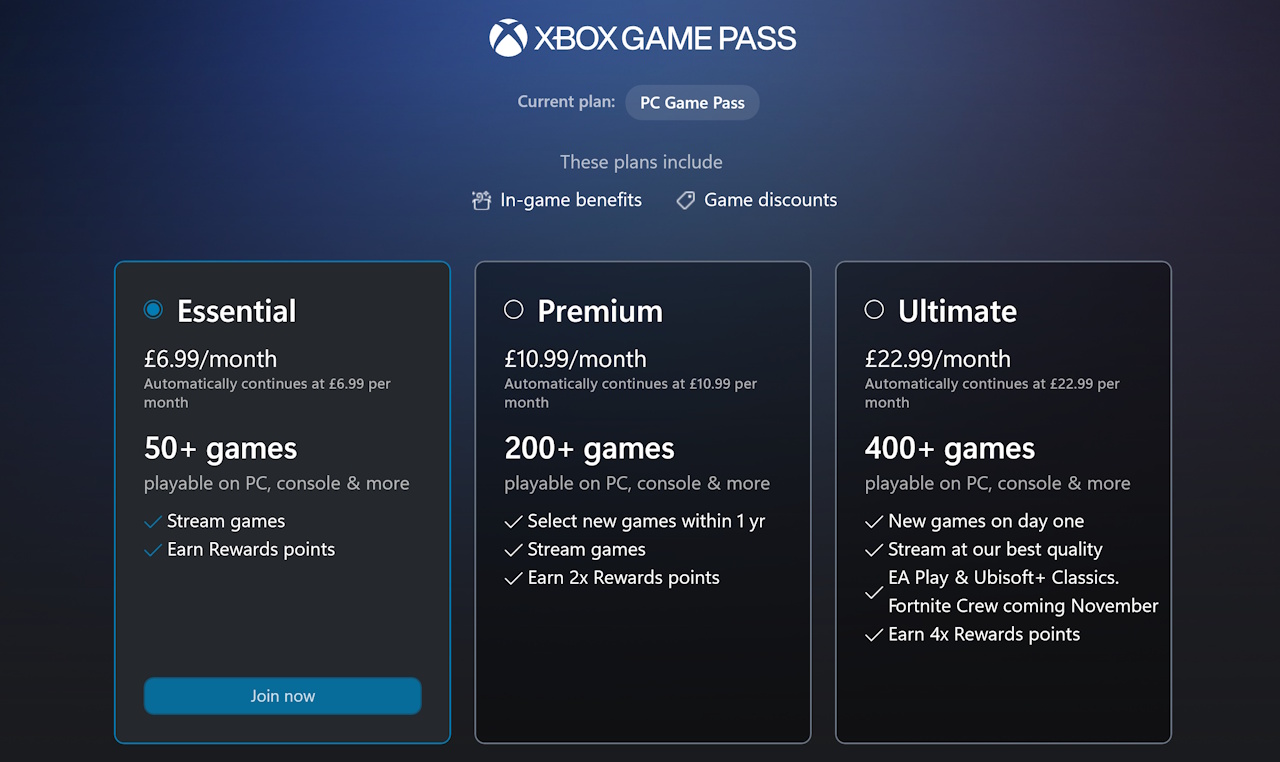 Three Xbox Game Pass tiers and their new prices.